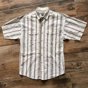 Panhandle Slim VTG Southwestern Geo Stripe Pearl Snap SS Shirt,White Brown Red,L